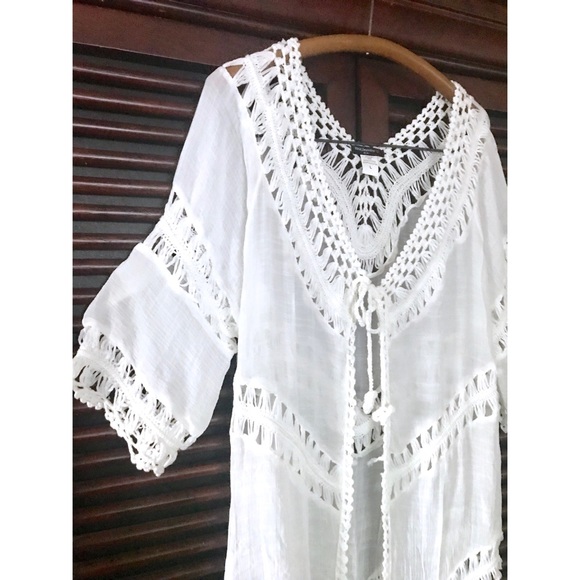 Festival BOHO White Duster Crochet Cover-Up CAFTAN - Picture 3 of 4